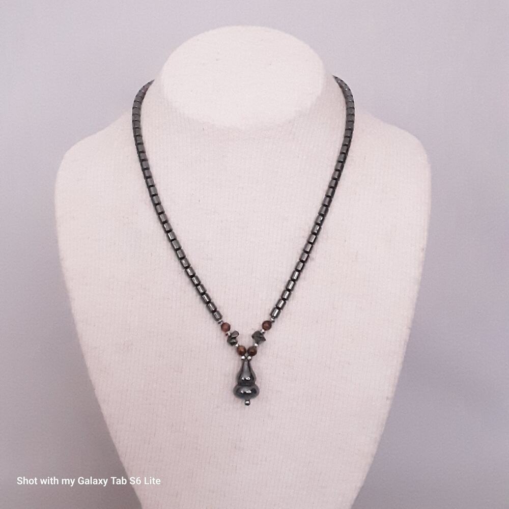 💎Hematite Chain Necklace Cylindrical Links With Pendant